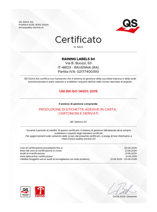 Certificato ISO 14001 - Raining Labels 