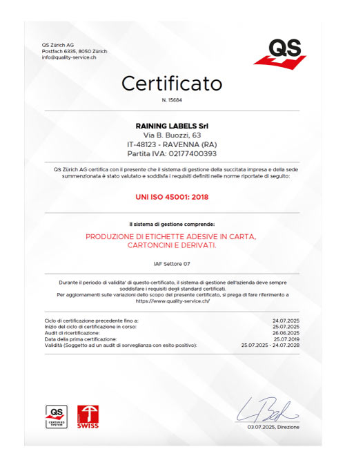 Certificato ISO45001 - Raining LAbels