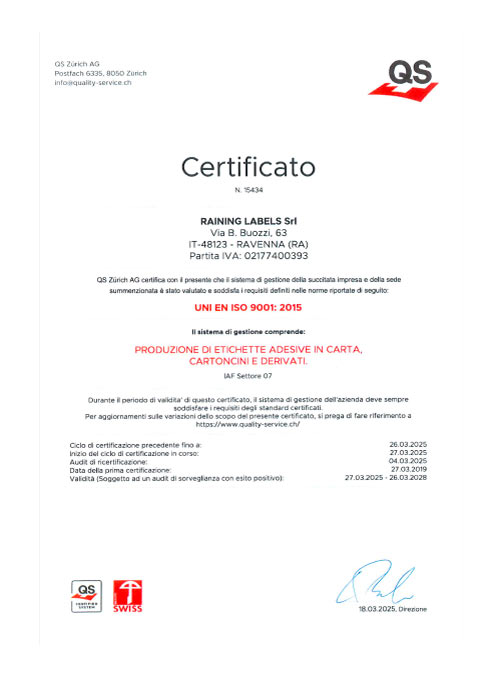 Certificato ISO:9001 Raining Labels